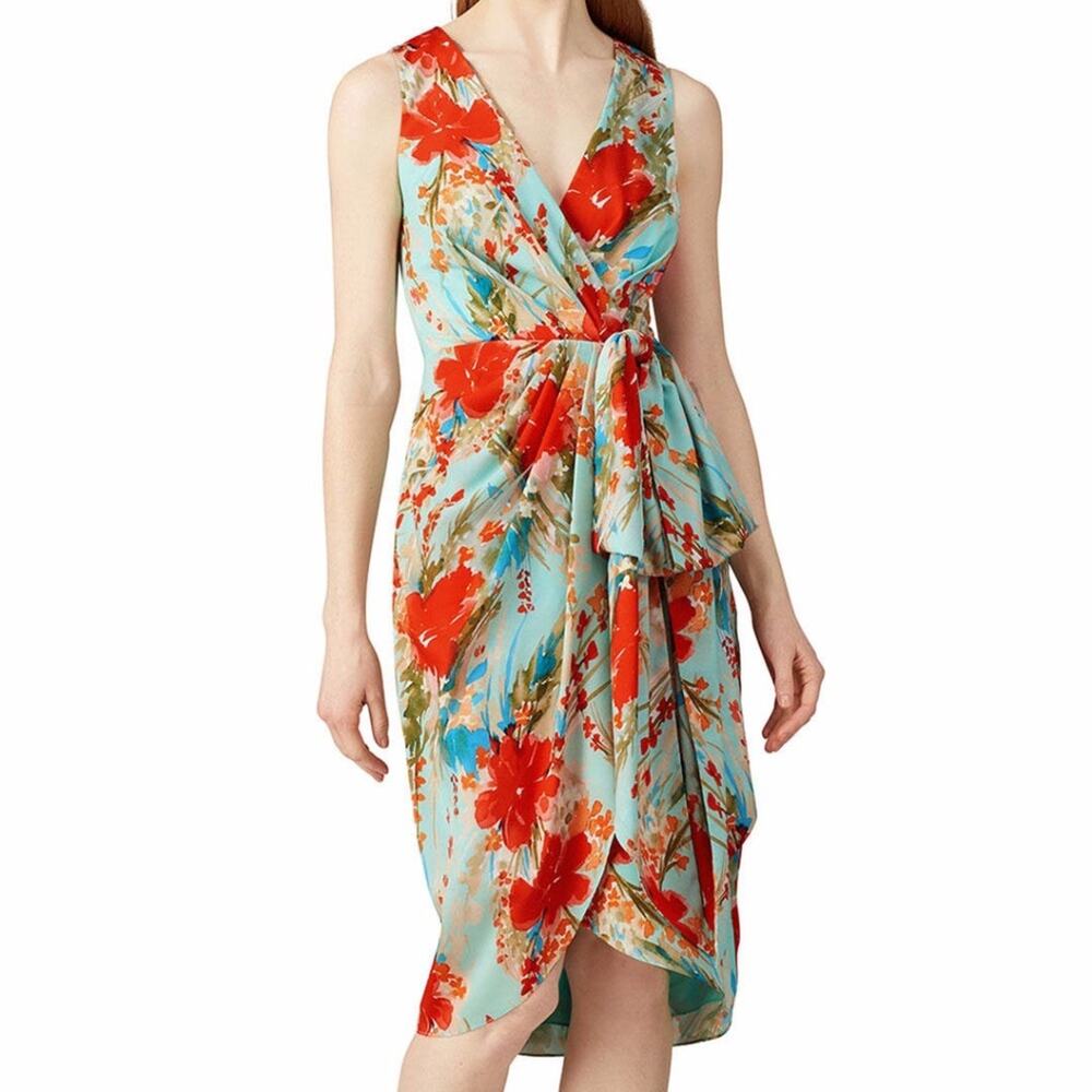 Badgley Mischka Aqua Sleeveless Floral Wrap Dress with Red Bloom